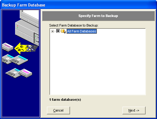 FarmBooks Backup Database Wizard screen: Step 1 Specify Farm to Backup