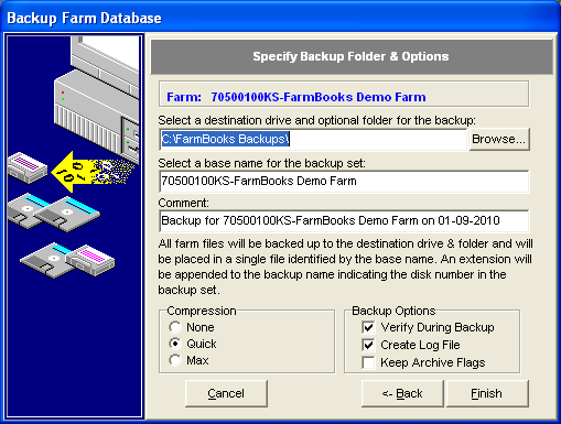 FarmBooks Backup Database Wizard screen: Step 2 Specify folder to backup to