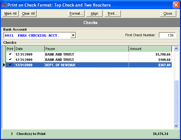 FarmBooks window showing which bank account check should be drawn from