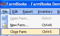 FarmBooks dropdown menu showing Close Farm option selected