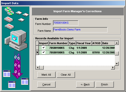 FarmBooks Data Import Wizard Select corrections to import