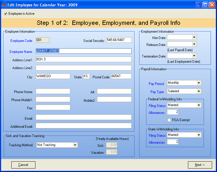 FarmBooks Edit Employee Employment and Payroll Information screen