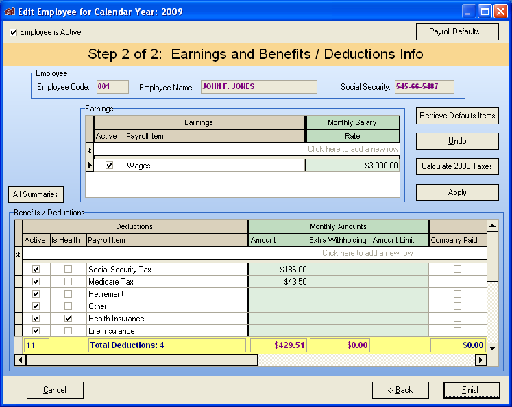 FarmBooks Add Employee Earnings, Benefits and Deductions Information screen