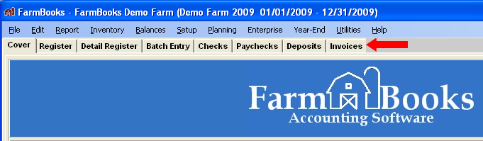 FarmBooks menu showing all the tabs