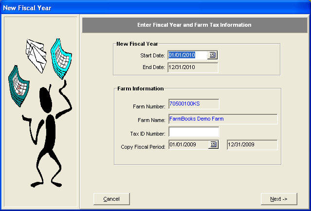 FarmBooks New Fiscal Year Wizard Step 1 Enter Fiscal Year and Tax Information