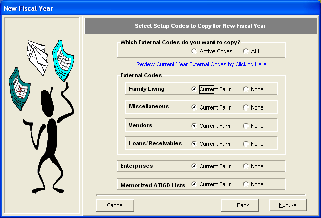 FarmBooks New Fiscal Year Wizard Step 3 Select Codes to Copy