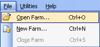 FarmBooks dropdown menu showing Open Farm option selected