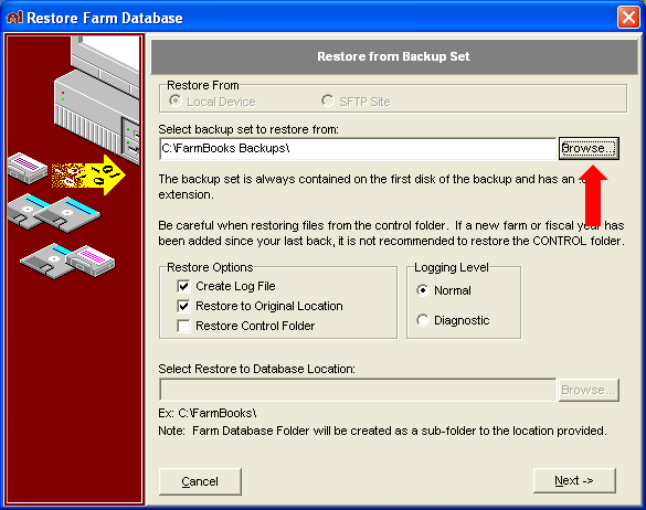 FarmBooks Restore Farm Wizard: Step 1 select backkup to restore