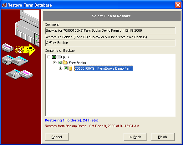 FarmBooks Restore Farm Wizard: Step 3 select files to restore