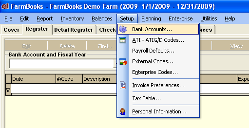 FarmBooks dropdown menu showing Setup Bank Accounts option selected