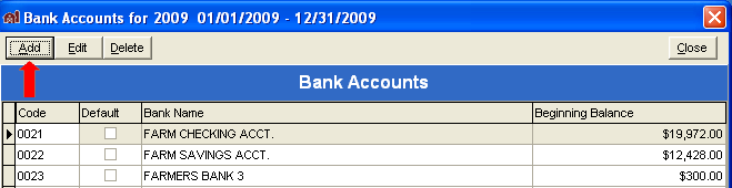 FarmBooks Bank Accounts screen with Add button selected