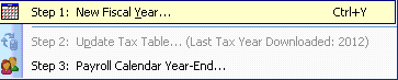 FarmBooks dropdown menu showing Step 1 New Fiscal Year option selected