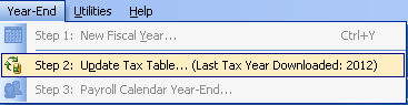 FarmBooks dropdown menu showing Step 2 Update Tax Table option selected