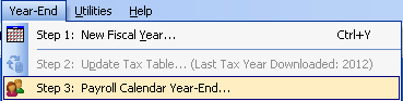 FarmBooks dropdown menu showing Step 3 Payroll Calendar Year End option selected