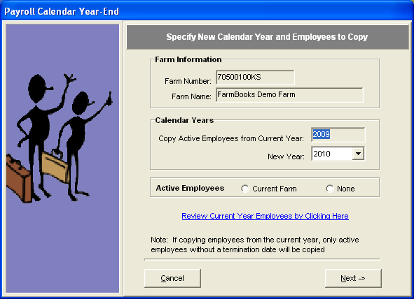 FarmBooks Payroll Calendar Year End Step 1 Specify New Calendar Year and Employees to Copy