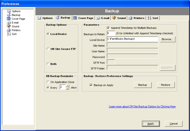 FarmBooks Preferences window showing the Backup tab selected