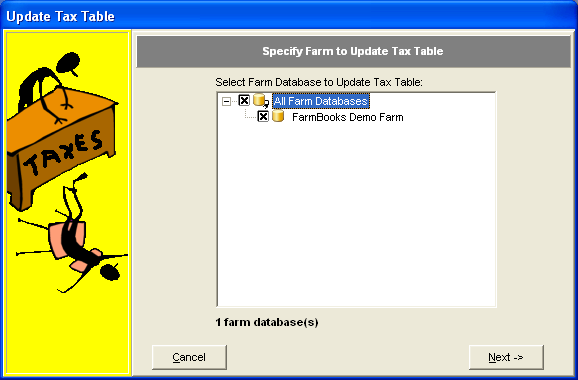 FarmBooks Update Tax Table Wizard Step 1 Specify Farm to Update