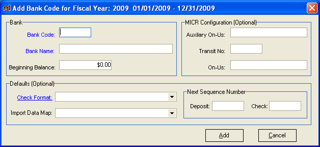 FarmBooks Add Bank Code window showing fields for bank code and beginning balance