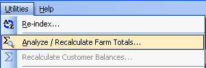 FarmBooks dropdown menu showing Analyze / Recalculate Farm Totals option selected