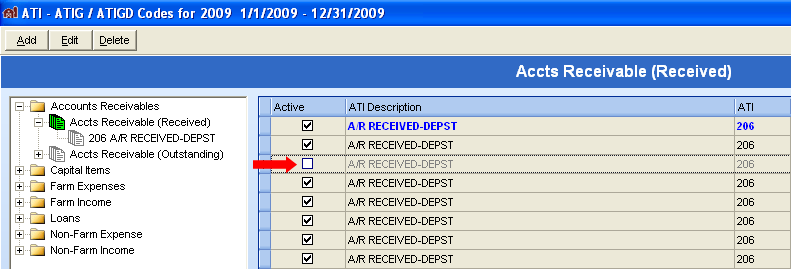 FarmBooks ATI-ATIGD Codes window showing Accounts Receivable