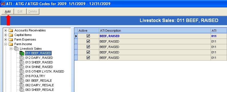 FarmBooks ATI-ATIGD Codes window showing Livestock Sales codes