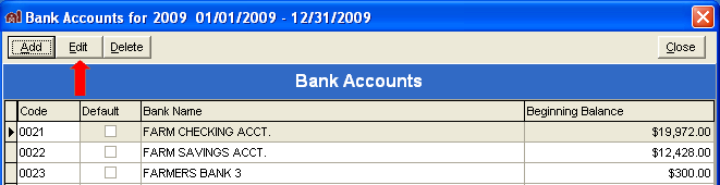 FarmBooks Bank Accounts window showing the Edit button selected