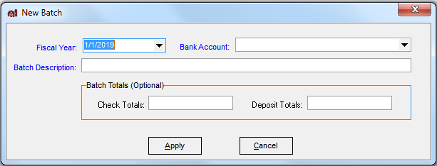 FarmBooks New Batch window showing fields for Year, Bank Account, Batch Description and Totals