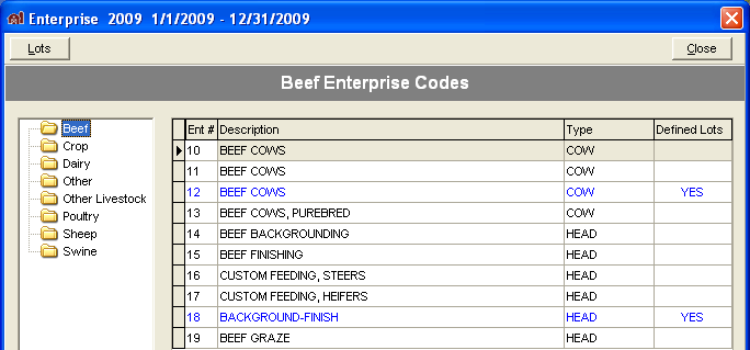 FarmBooks Beef Enterprice Codes window showing beef codes