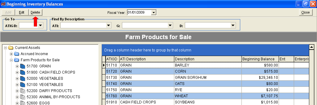 FarmBooks Beginning Inventory Balances window showing Farm Products for Sale