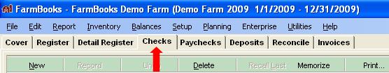 FarmBooks screen showing the Checks tab selected