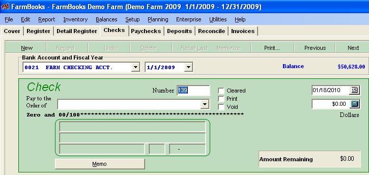 FarmBooks Check screen showing check data, pay to the order of, number, and amount fields