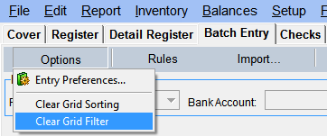 FarmBooks dropdown menu showing Clear Grid Filter option selected
