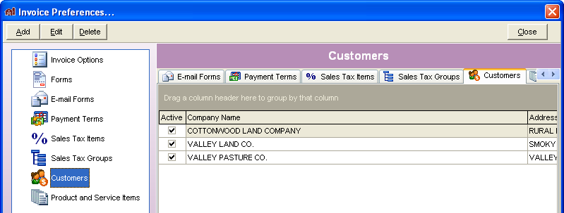 FarmBooks Customers screen showing list of active customers