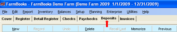 FarmBooks screen with the Deposits tab selected