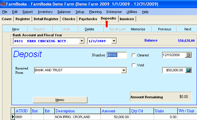 FarmBooks Deposits screen showing date, received from, number, and amount fields