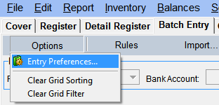 FarmBooks dropdown menu showing Entry Preferences Options selected