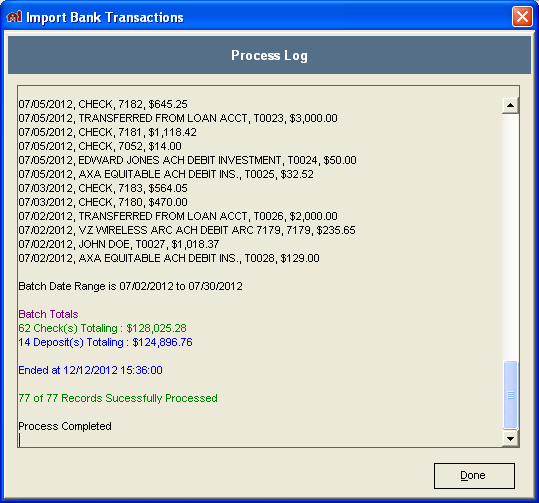 FarmBooks Import Bank Transactions Process Log