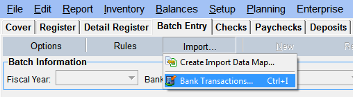 FarmBooks dropdown menu showing Import Bank Transactions option selected