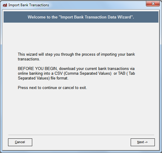 FarmBooks Import Bank Transaction Data Winzard start screen