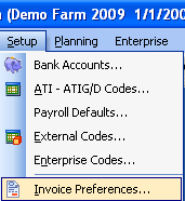 FarmBooks dropdown menu showing Invoice Preferences option selected