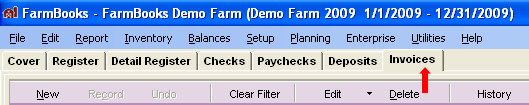 FarmBooks screen showing the Invoice tab selected