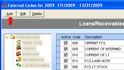 FarmBooks Loans/Receivables window with the Add button selected