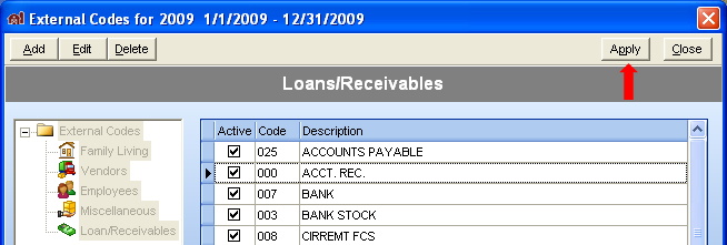 FarmBooks Loans/Receivables window with the Apply button selected