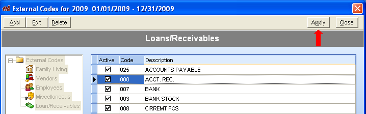 FarmBooks Loans/Receivables window with the Apply button selected
