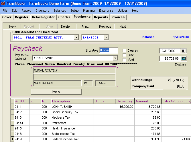 FarmBooks Paycheck screen showing check data, pay to the order of, number, and amount fields