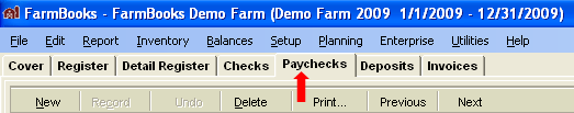 FarmBooks screen with the Paychecks tab selected