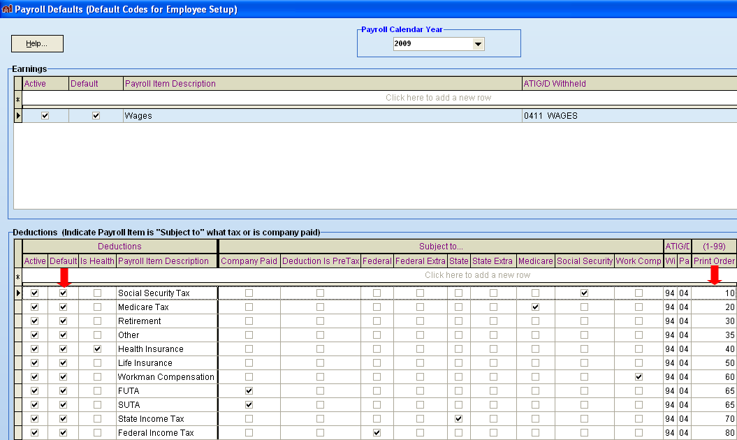 FarmBooks Payroll Defaults window showing codes for Employee Setup