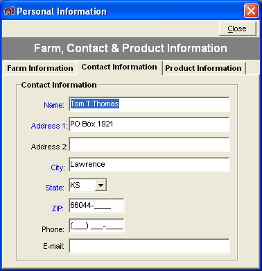 FarmBooks window showing Contact Information tab