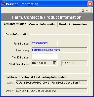 FarmBooks window showing Farm Information tab