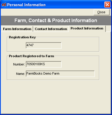 FarmBooks window showing Product Information tab